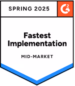 G2 badge for Fastest Implementation Mid-Market Spring 2025 with G2 logo.