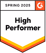 G2 High Performer badge for Spring 2025 with red and orange chevron design.