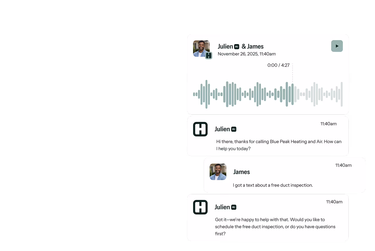 Screenshot of a voice message and chat conversation between Julien AI and James about scheduling a free duct inspection.