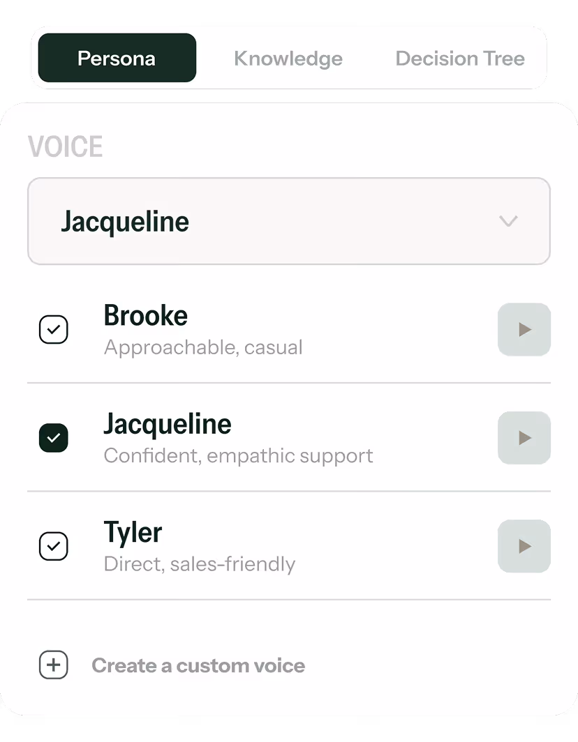 Interface showing a voice selection menu with options Brooke, Jacqueline, and Tyler, each described by personality traits and with Jacqueline selected.
