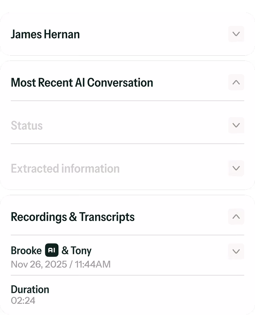 User interface showing James Hernan's recent AI conversation options, status, extracted information, and a recording transcript of Brooke AI and Tony from November 26, 2025, duration 2 minutes and 24 seconds.