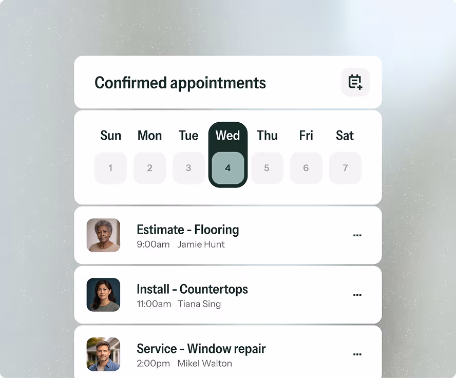 Calendar interface showing confirmed appointments for Wednesday the 4th: Estimate for flooring at 9:00am with Jamie Hunt, countertop installation at 11:00am with Tiana Sing, and window repair service at 2:00pm with Mikel Walton.