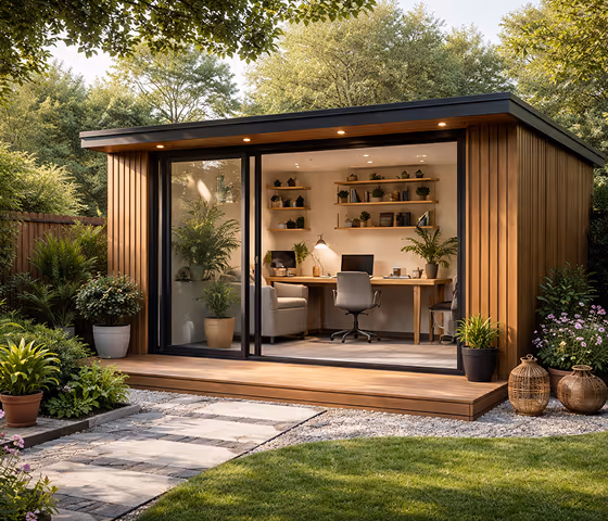 Modern wooden garden office pod with glass sliding doors, surrounded by greenery and plants.