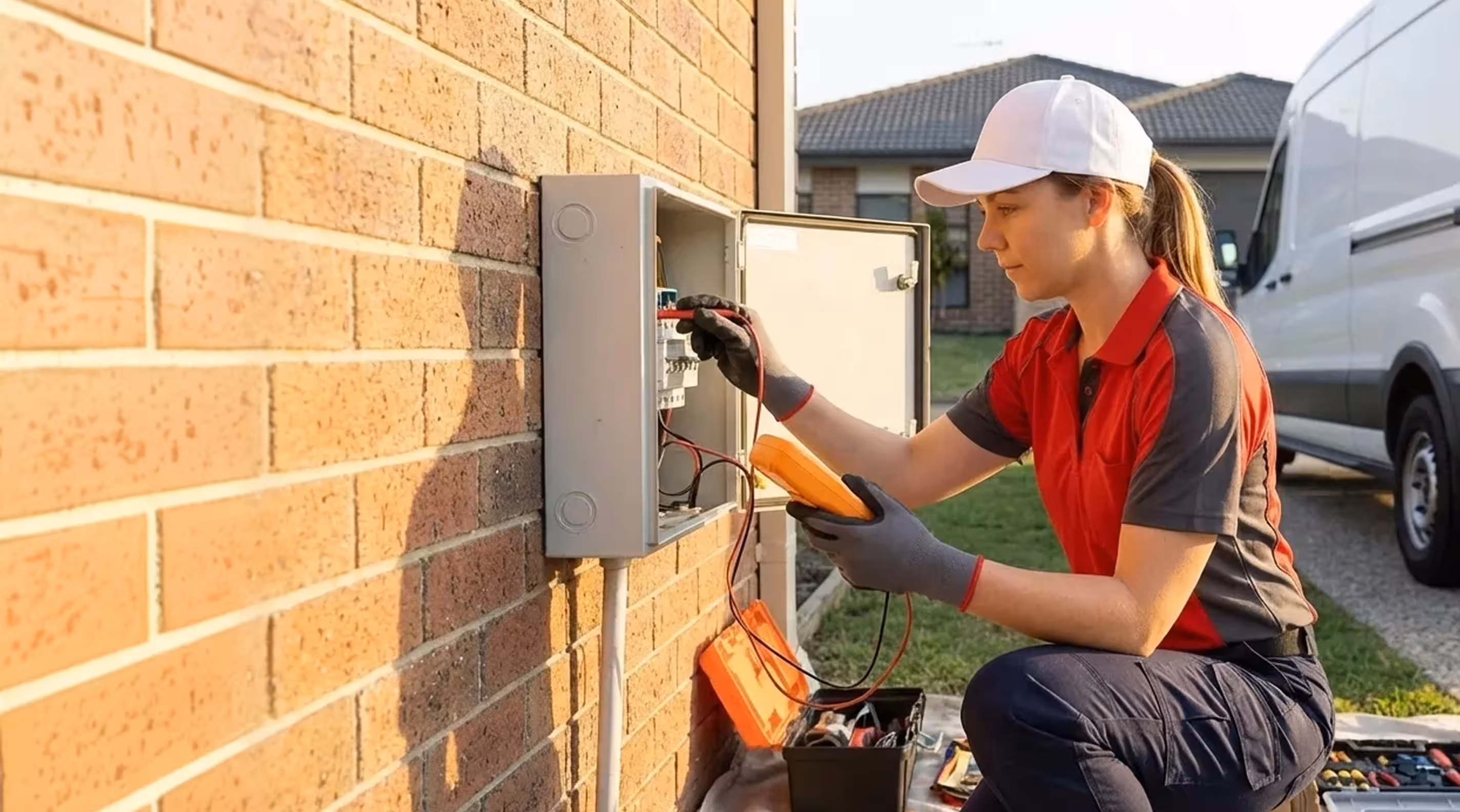 Electrician in red and gray uniform testing an electrical panel on a brick wall outdoors near a white van.