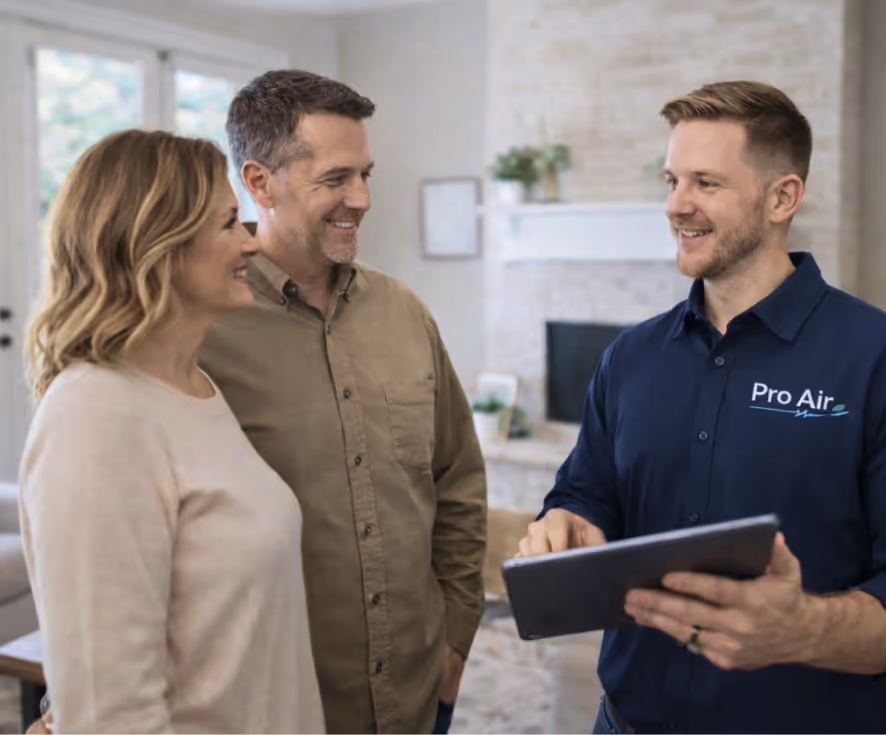 Technician in Pro Air shirt showing information on a tablet to a smiling couple inside a home.
