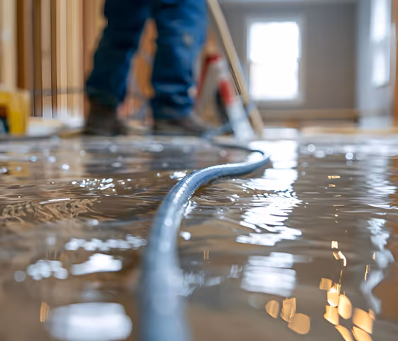 Close-up of a wet floor with a hose and a worker in the background wearing blue jeans inside a room.