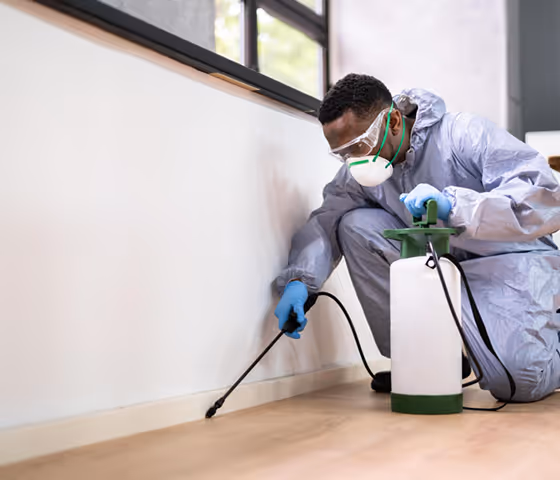 Man in protective suit, gloves, goggles, and mask spraying disinfectant along the baseboard of a room.