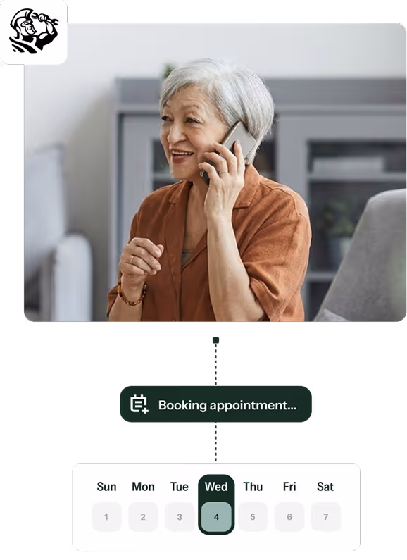 Elderly woman with gray hair smiling and talking on a smartphone, with a calendar interface below showing a booking appointment on Wednesday, the 4th.