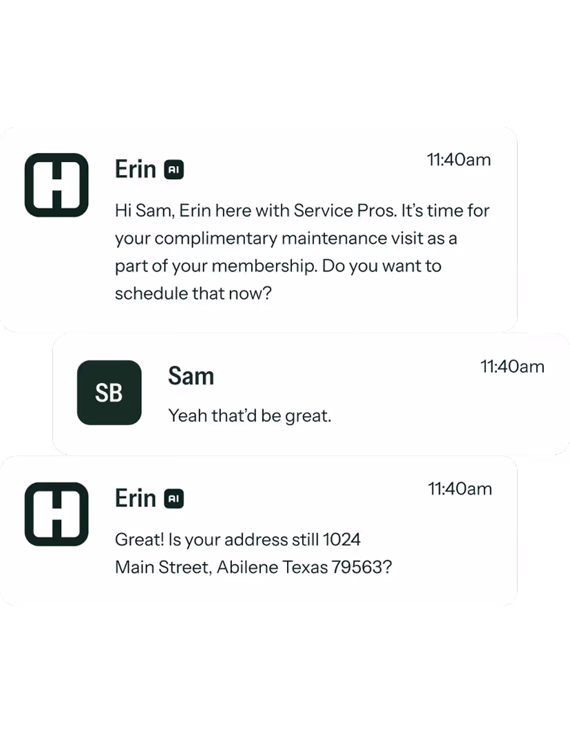 Chat conversation showing Erin from Service Pros scheduling a complimentary maintenance visit with Sam, confirming the address 1024 Main Street, Abilene Texas 79563.