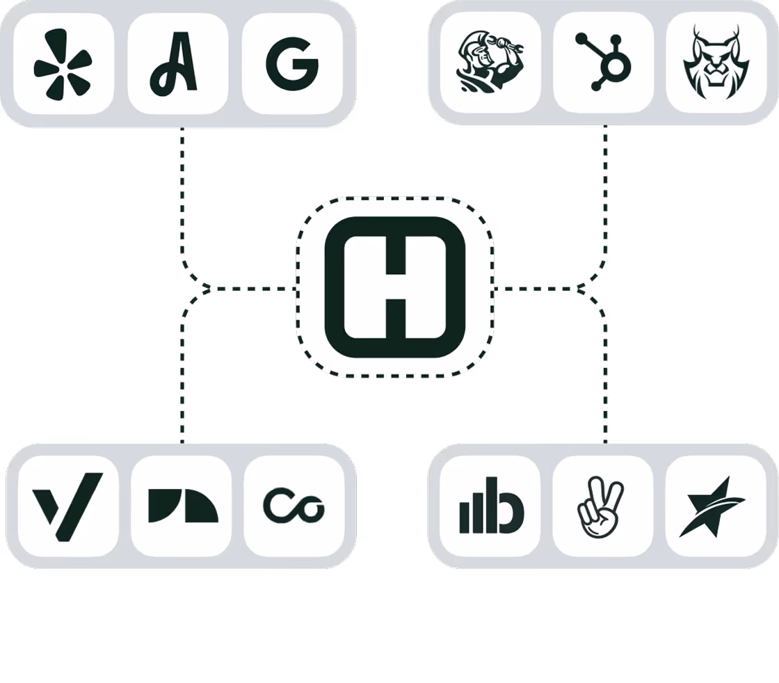 Central H logo connected by dashed lines to four groups of various logos, arranged top-left, top-right, bottom-left, and bottom-right.