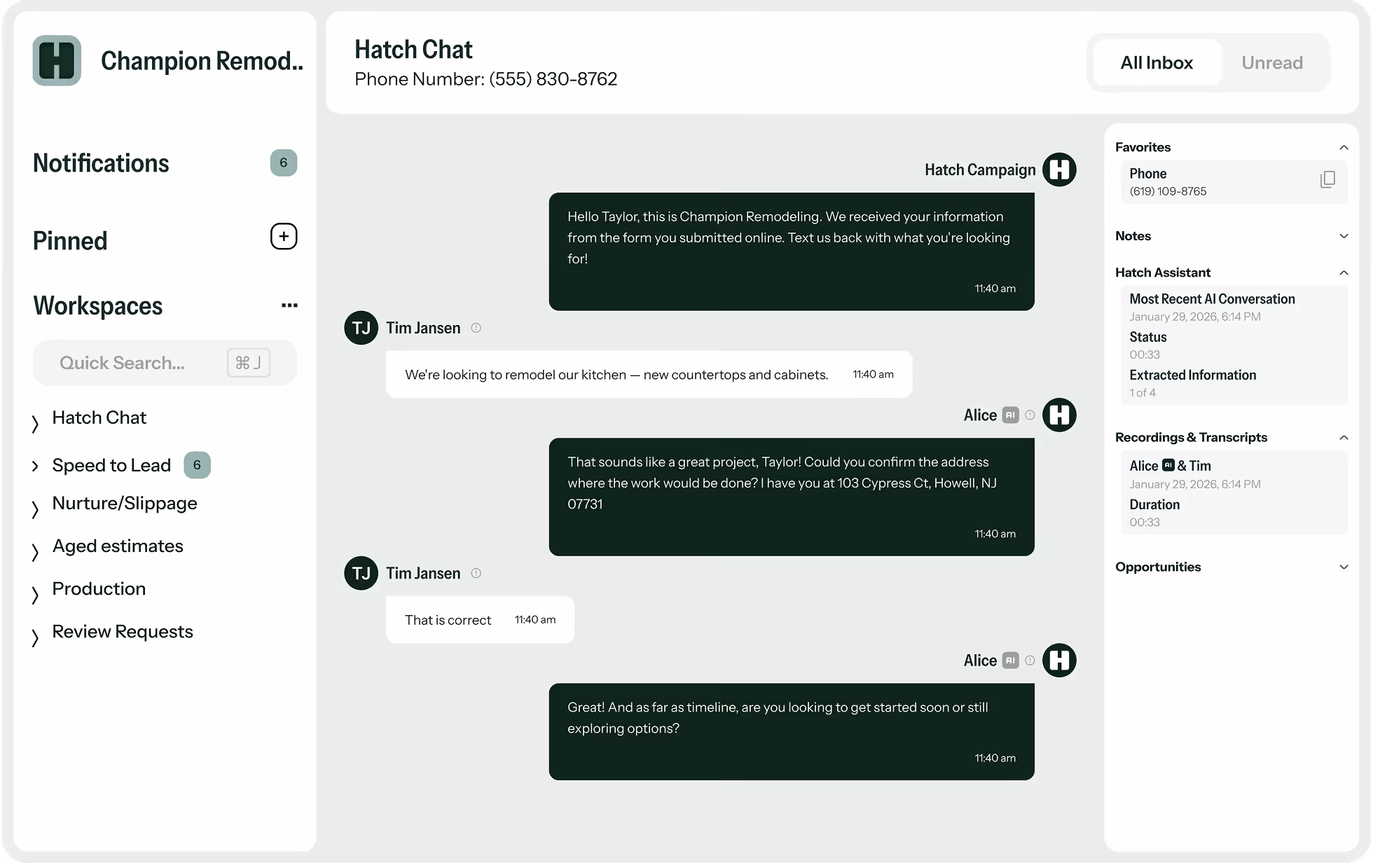 Chat interface showing a conversation about kitchen remodeling between Tim Jansen and AI assistant Alice from Champion Remodeling, with sidebar navigation and contact details.