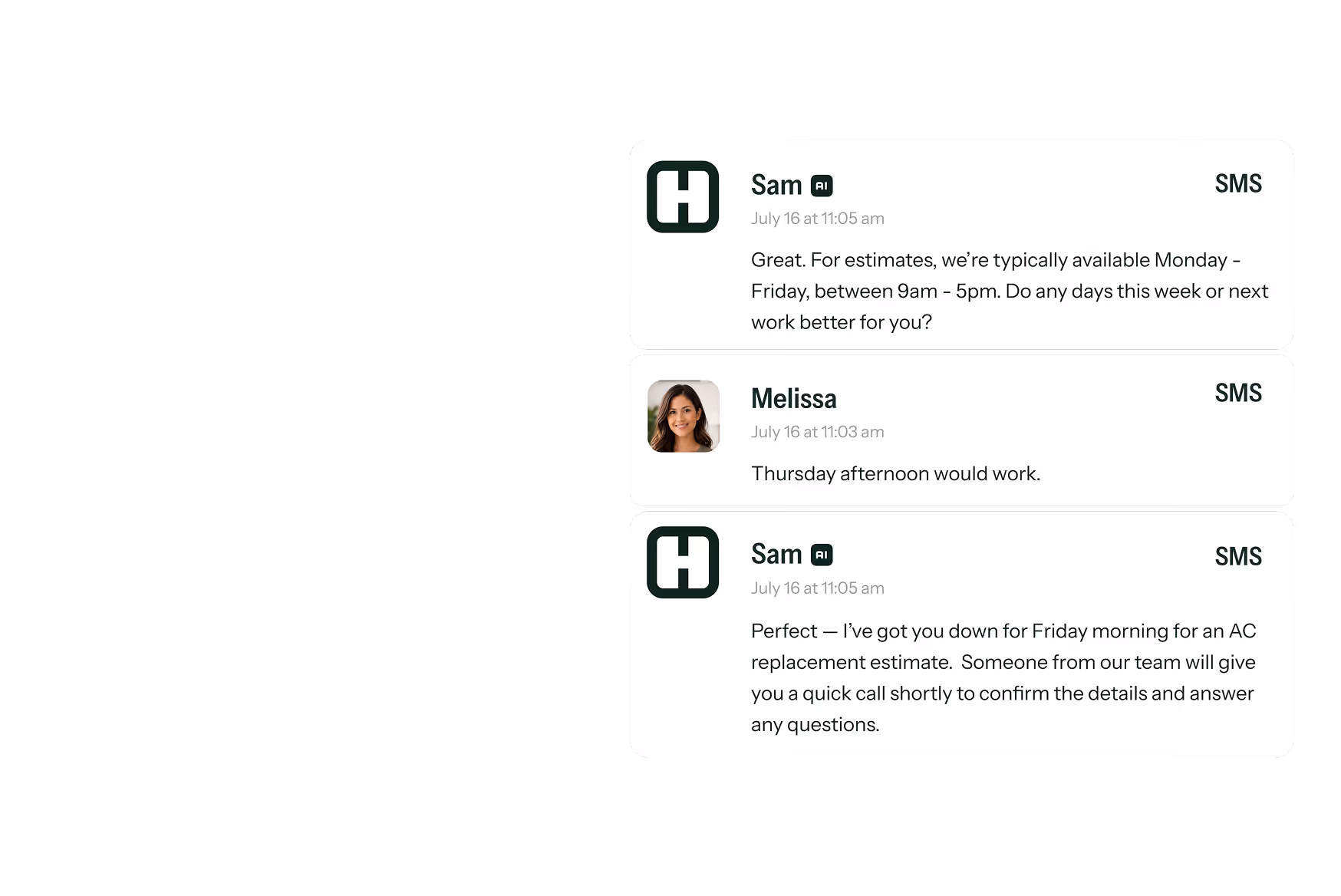 SMS conversation scheduling an AC replacement estimate, with Sam offering availability and confirming a Friday morning appointment.