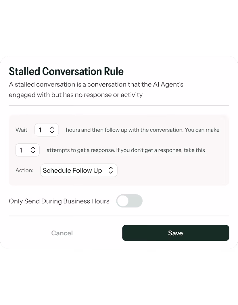 Settings panel for Stalled Conversation Rule with options to wait 1 hour, 1 attempt to get a response, schedule follow up action, and toggle to send only during business hours.