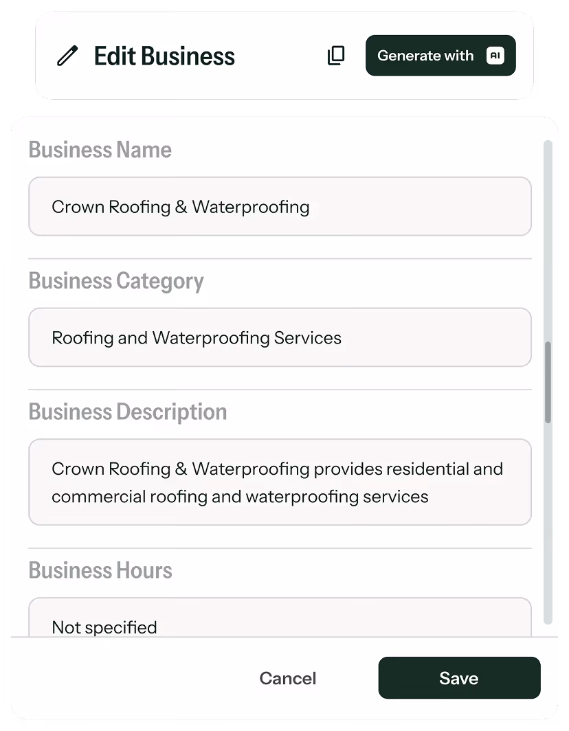 Business editing interface showing fields with business name Crown Roofing & Waterproofing, category Roofing and Waterproofing Services, description about residential and commercial services, and unspecified hours.