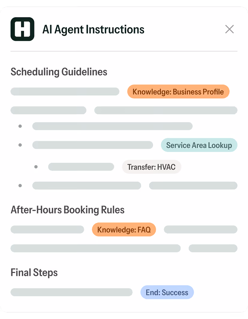 AI Agent Instructions panel with sections on Scheduling Guidelines, After-Hours Booking Rules, and Final Steps, highlighting knowledge areas like Business Profile, FAQ, Service Area Lookup, HVAC transfer, and End Success.