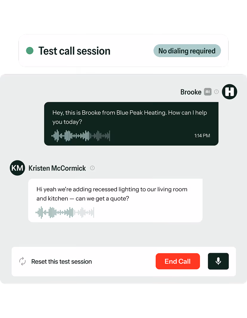 Interface of a test call session showing a conversation between Brooke from Blue Peak Heating and Kristen McCormick discussing recessed lighting and a quote request, with options to reset the session or end the call.