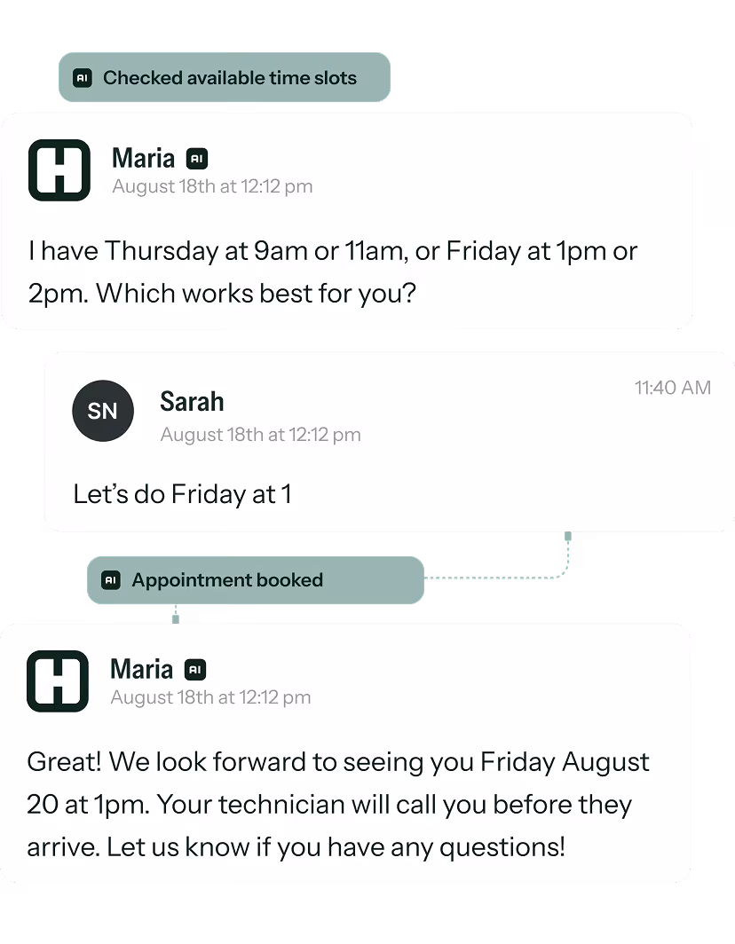 Text conversation scheduling an appointment: Maria offers Thursday 9am or 11am, or Friday 1pm or 2pm; Sarah chooses Friday at 1pm; Maria confirms the appointment for Friday, August 20 at 1pm and mentions a technician call before arrival.