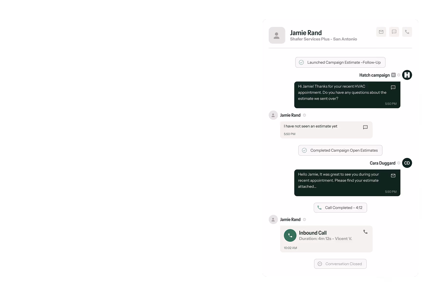 Messaging interface showing conversation between Jamie Rand and Hatch campaign about HVAC appointment and estimate, including inbound call details.