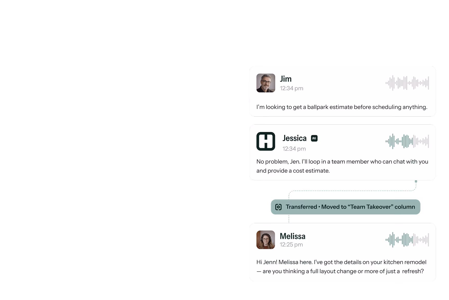 Chat conversation showing Jim requesting a ballpark estimate, Jessica replying she will involve a team member, and Melissa asking about kitchen remodel details.