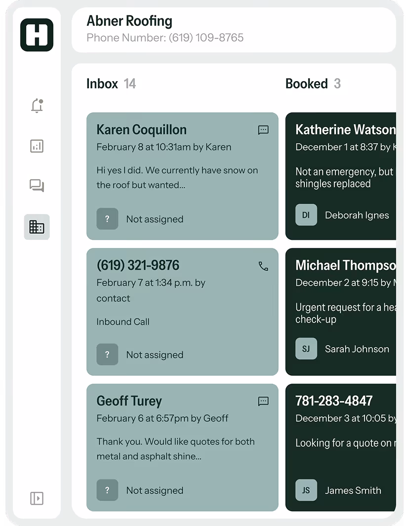 Dashboard of Abner Roofing showing inbox messages and booked requests with contact details and status assignments.