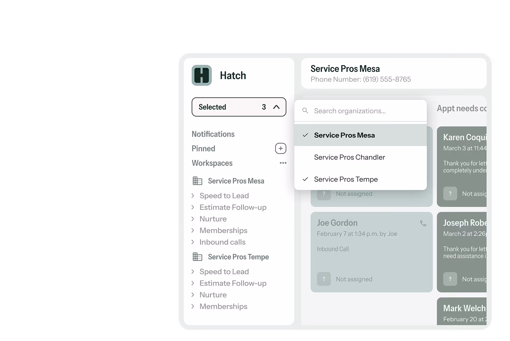 User interface of Hatch showing workspace selection with Service Pros Mesa, Chandler, and Tempe, and a list of appointments and contacts on the right.