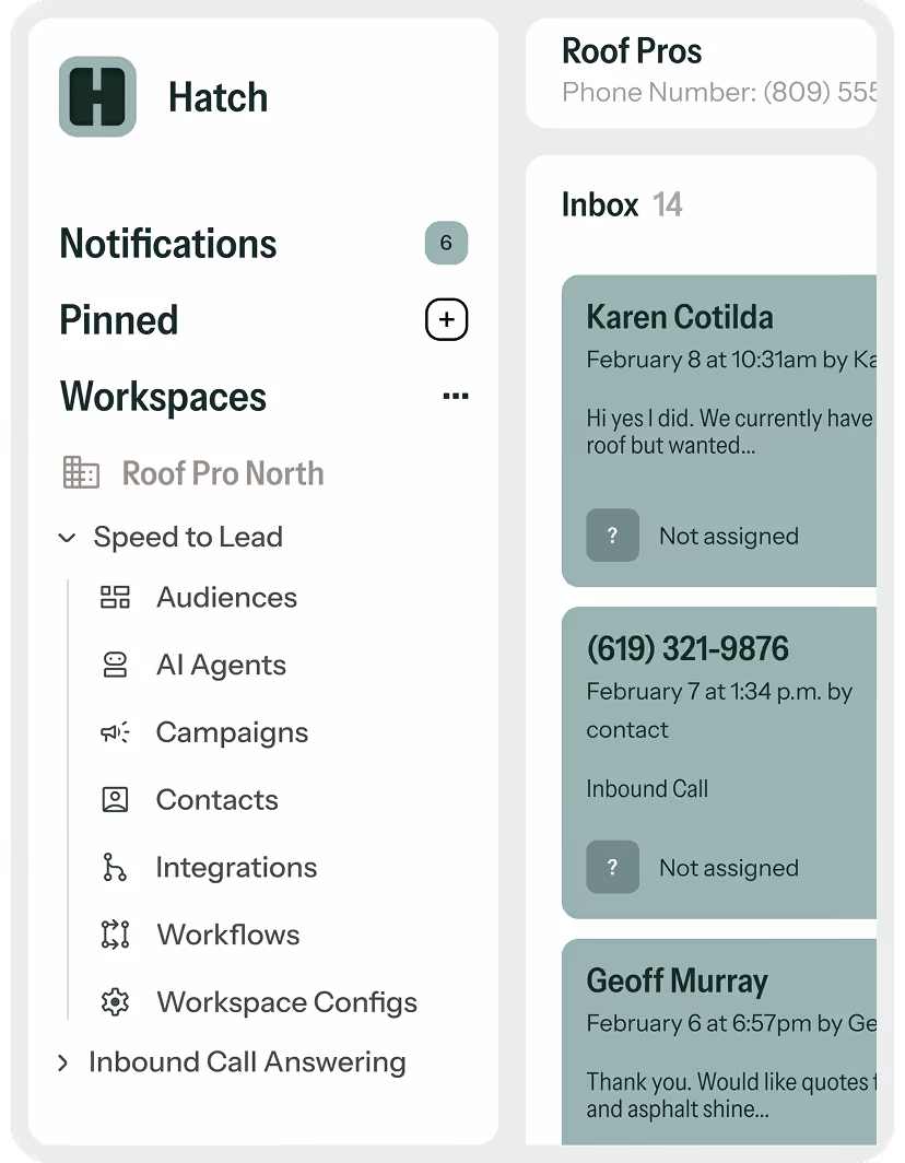 User interface of Hatch software showing sidebar with Notifications, Pinned, Workspaces including Roof Pro North with Speed to Lead options and an Inbox with 14 messages.
