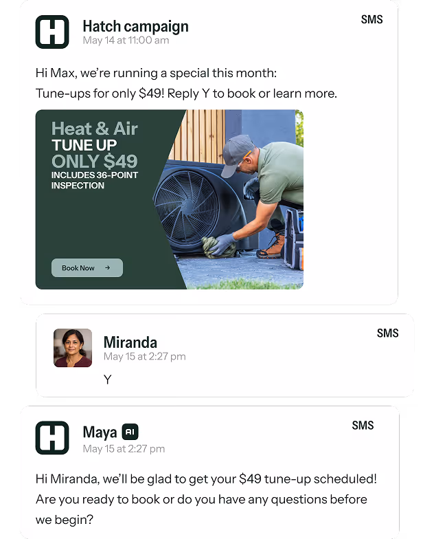 SMS conversation showing a $49 heat and air tune-up offer including a 36-point inspection, a customer reply with 'Y', and a confirmation message to schedule the service.