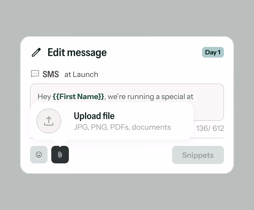 User interface showing SMS message editor with text starting 'Hey {{First Name}}, we’re running a special at', and an upload file option for JPG, PNG, PDFs, documents.