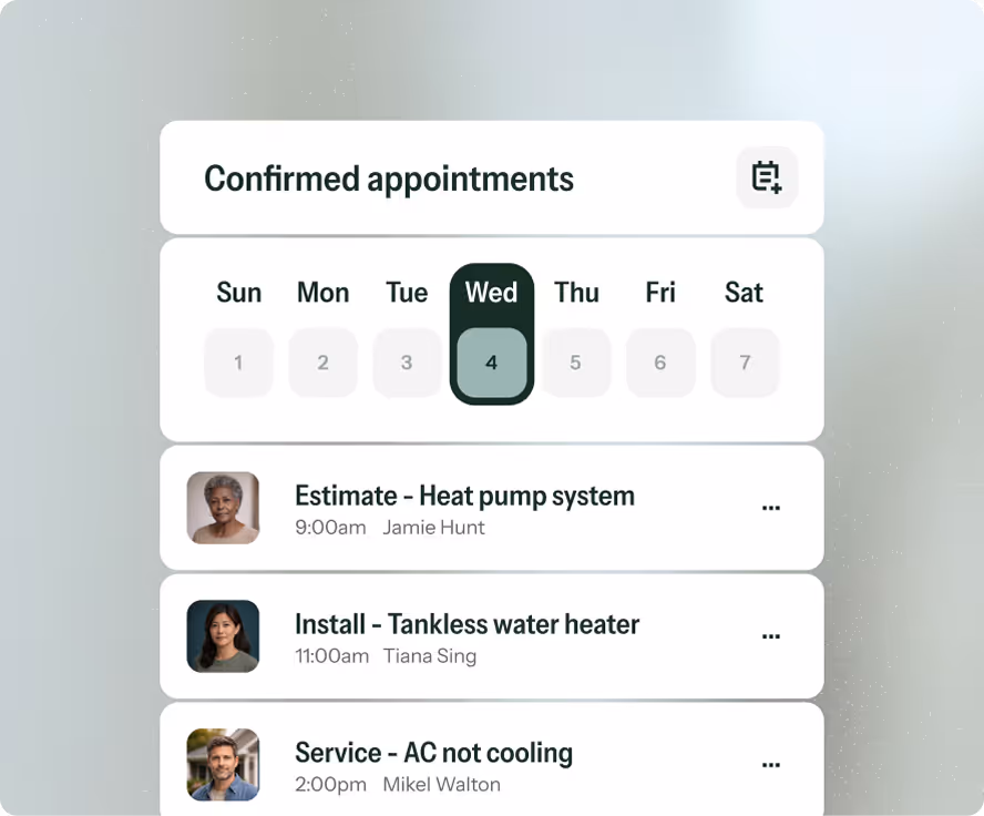 Calendar showing confirmed appointments for Wednesday the 4th with three tasks: 9:00am Estimate for heat pump system, 11:00am install tankless water heater, 2:00pm service AC not cooling.