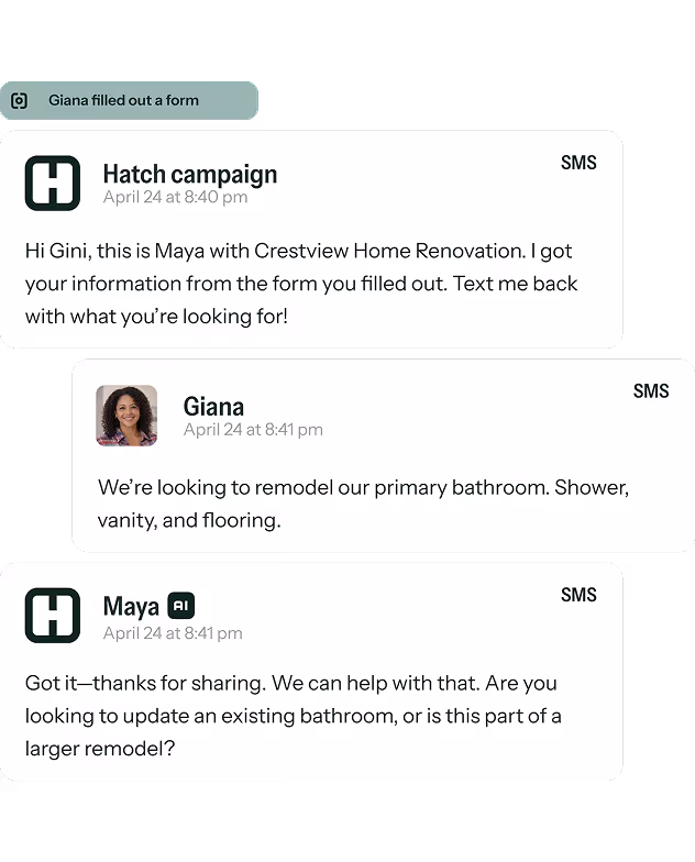 SMS conversation between Hatch campaign, Giana, and Maya discussing bathroom remodeling details and project scope.