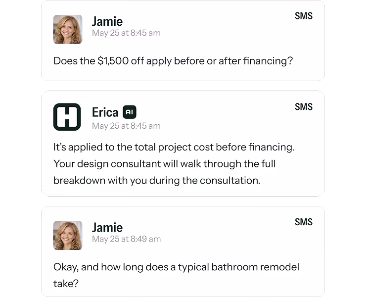 Text message conversation between Jamie and Erica about $1,500 off applying before financing and bathroom remodel duration.