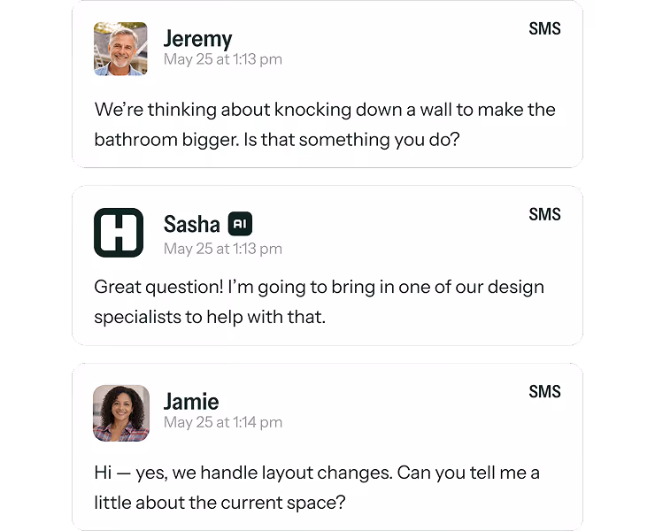 Text message conversation about remodeling a bathroom with Jeremy asking about knocking down a wall, Sasha AI replying with a design specialist, and Jamie confirming layout changes and asking about the current space.