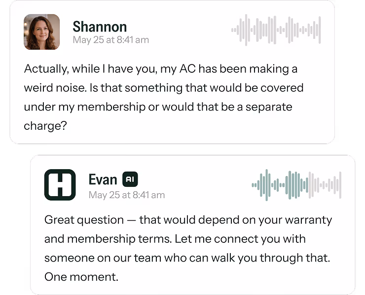 Chat conversation screenshot with Shannon asking if AC noise is covered by membership, and Evan AI responding about warranty and connection to team.