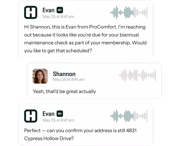 Chat conversation showing Evan from ProComfort contacting Shannon about scheduling a biannual maintenance check and confirming her address at 4831 Cypress Hollow Drive.