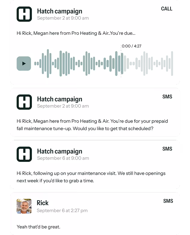 Series of messages showing a campaign from Hatch with a voicemail and follow-up SMS about prepaid fall maintenance tune-up, and a positive reply from Rick.
