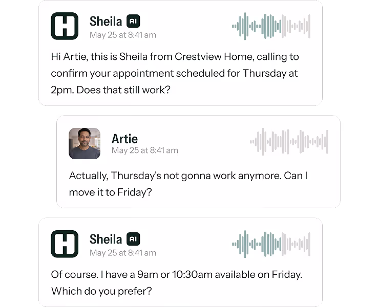 Text message conversation between Sheila from Crestview Home AI assistant and Artie discussing rescheduling an appointment from Thursday to Friday with options for 9am or 10:30am.