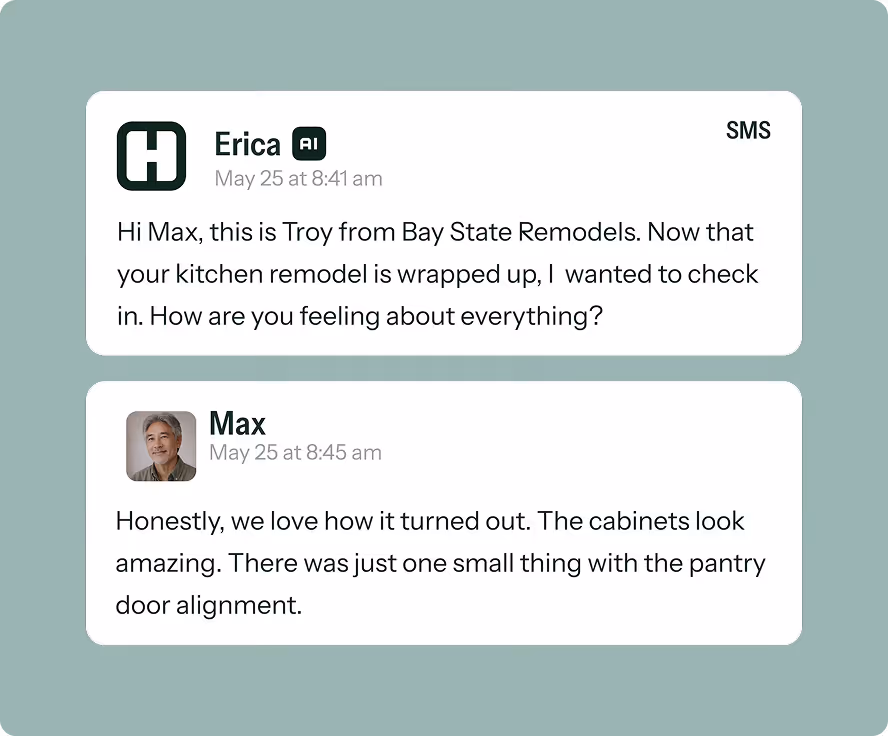 Text message conversation where Erica from Bay State Remodels asks Max how he feels about his completed kitchen remodel, and Max replies that they love it but mention a small issue with pantry door alignment.