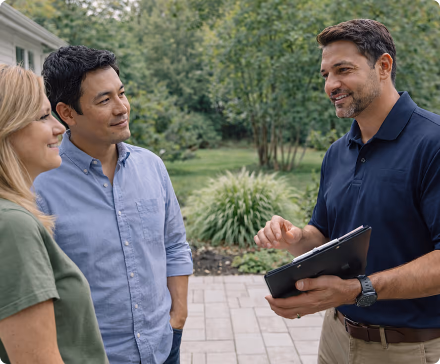 Man in navy shirt holding a clipboard explaining something to a smiling couple outdoors.