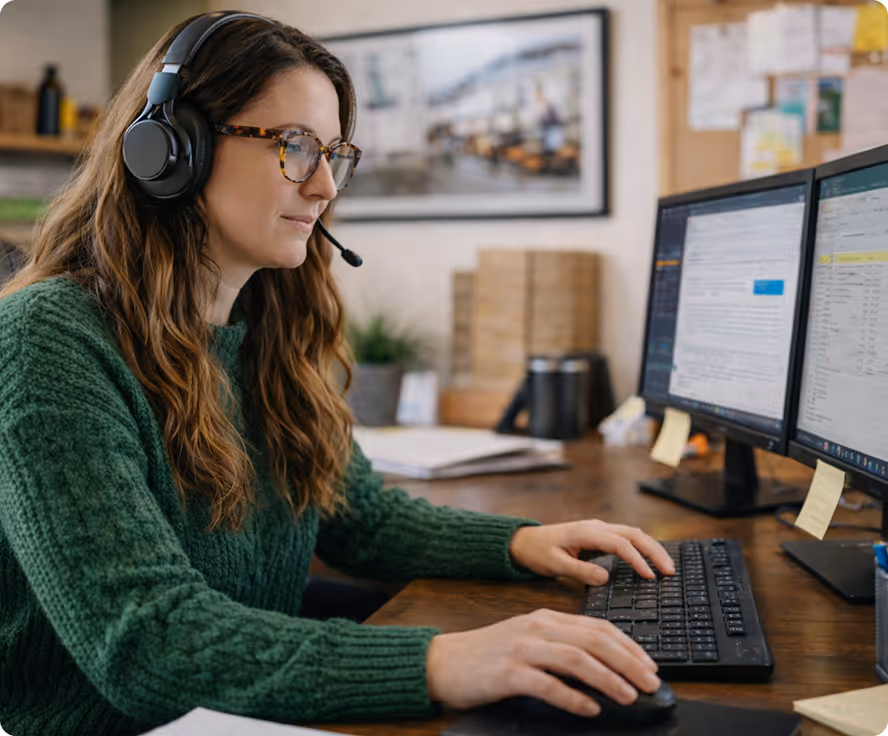Woman with glasses and headset working on a dual-monitor computer setup at a wooden desk.