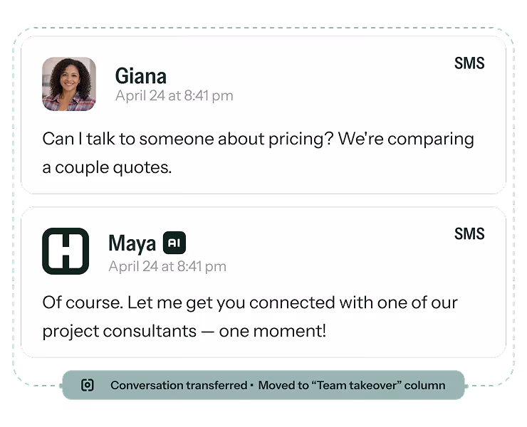 Text message conversation where Giana asks about pricing quotes and Maya AI replies that she will connect her to a project consultant.