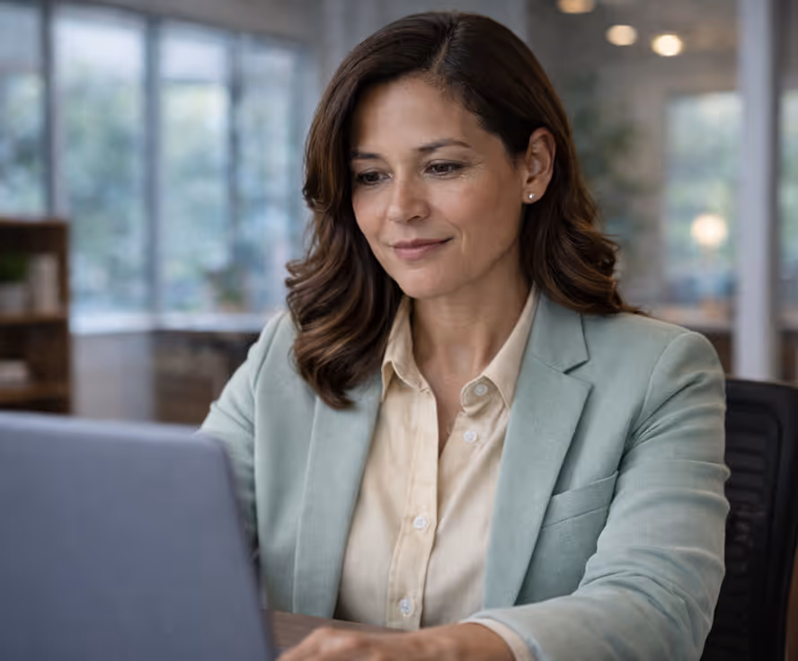 A woman in a light green blazer and beige shirt working on a laptop in a modern office setting.