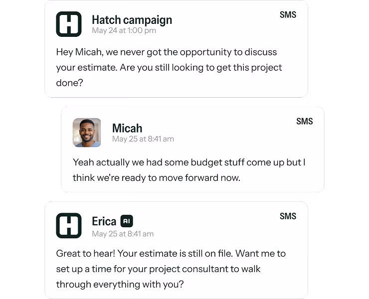 SMS conversation showing a business follow-up about a project estimate, a positive customer response mentioning budget issues, and an AI assistant offering to schedule a consultation.
