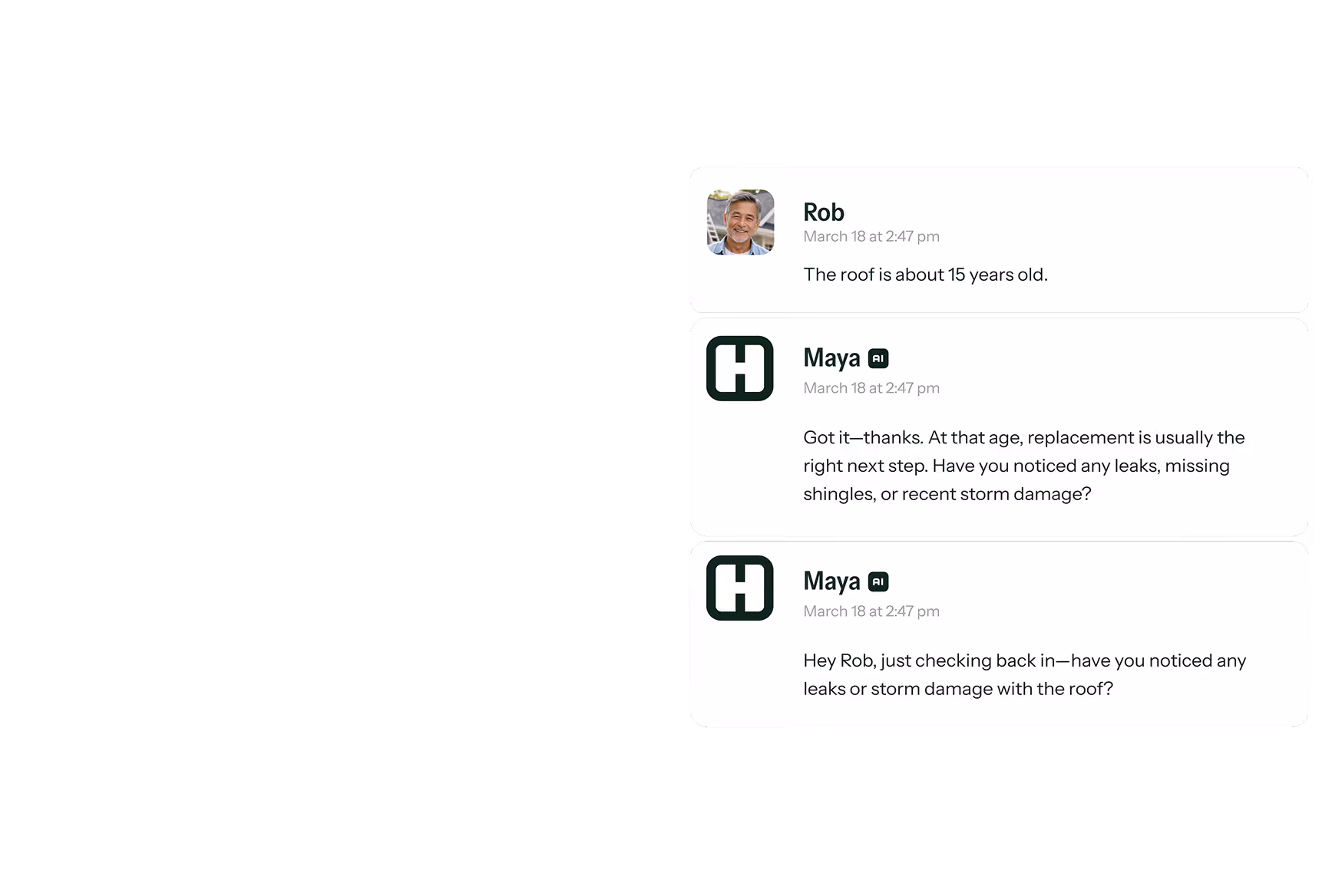 Chat conversation about a 15-year-old roof with Rob confirming the age and AI assistant Maya suggesting replacement and asking about leaks or storm damage.