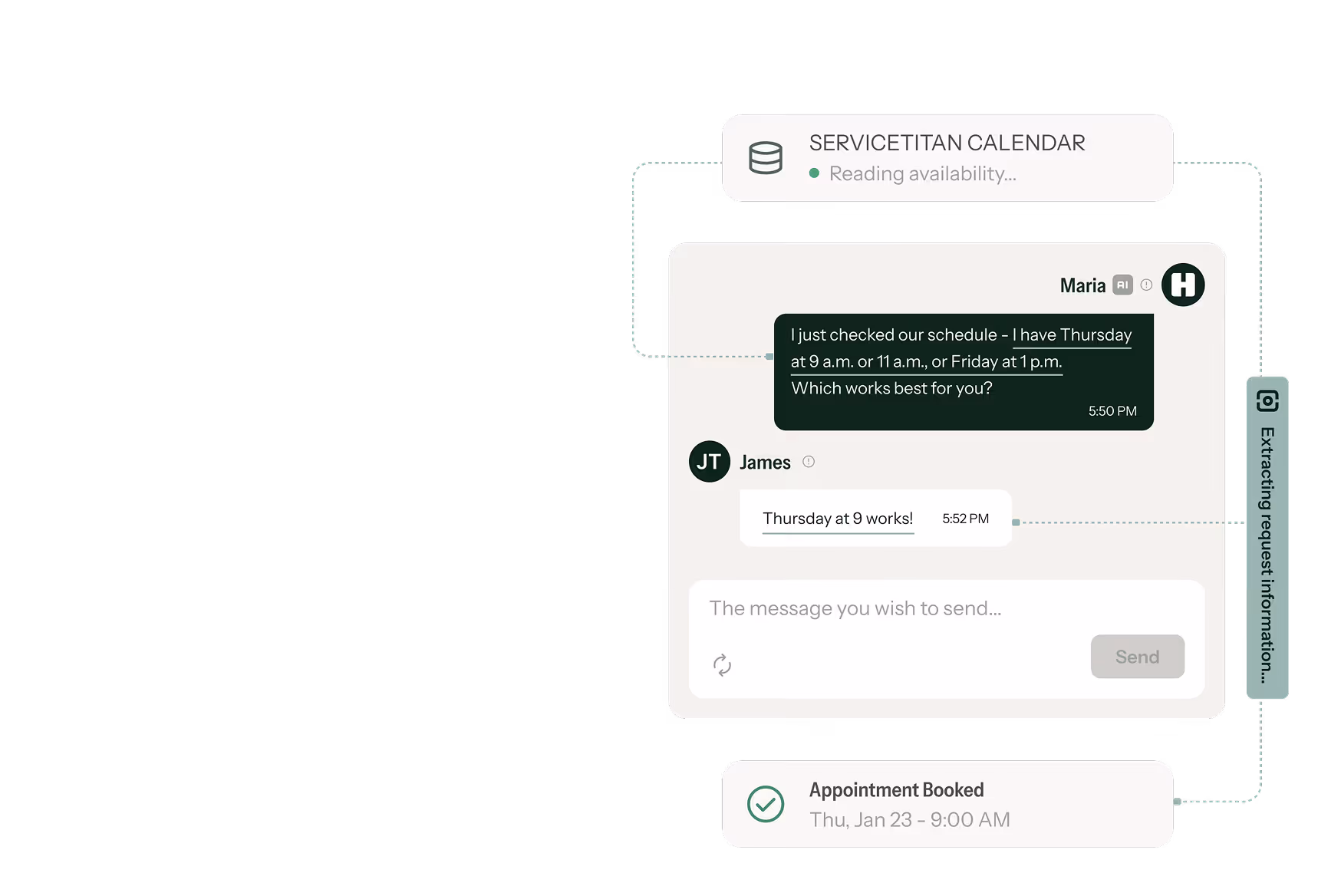 Chat interface showing appointment scheduling between Maria and James, confirming Thursday at 9 a.m. for the appointment booked on Thu, Jan 23 at 9:00 AM.