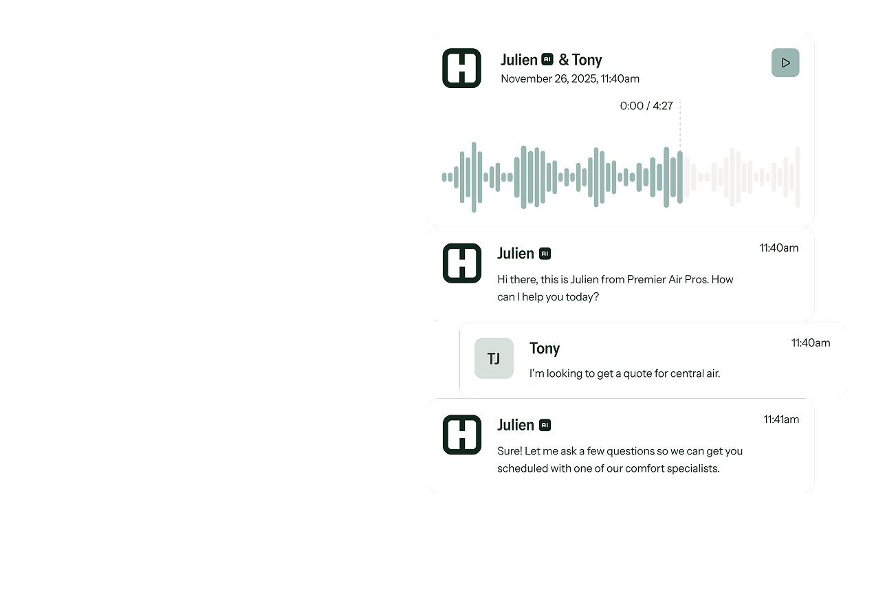 Chat interface showing a conversation between Julien AI and Tony about getting a quote for central air, with audio waveform and timestamps.