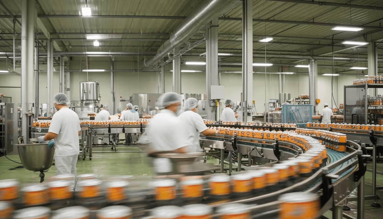 Workers in white uniforms and hairnets monitoring canned beverages moving on a conveyor belt in a large production facility.
