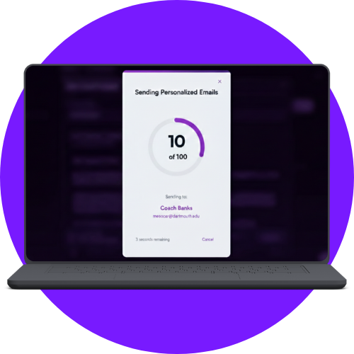 Laptop screen displaying a progress window showing 'Sending Personalized Emails' with 10 of 100 completed, sending to Coach Banks.