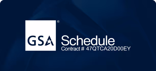 GSA Schedule logo with contract number 47QTCA20D00EY on a dark blue background.