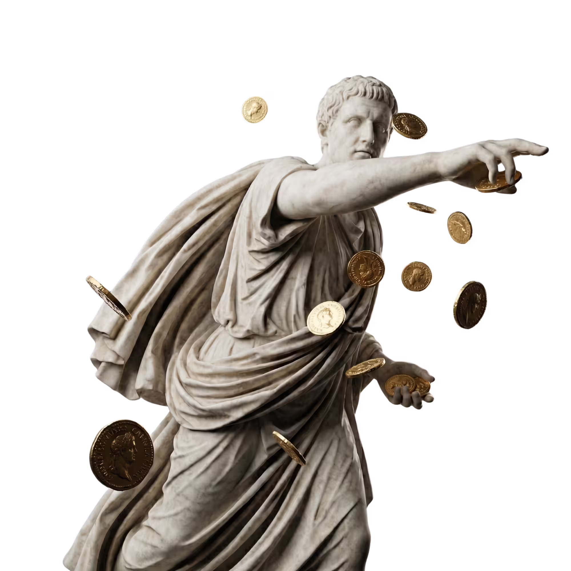 Römische Statue wirft Goldmünzen – Symbol für Umsatzwachstum durch Performance Marketing