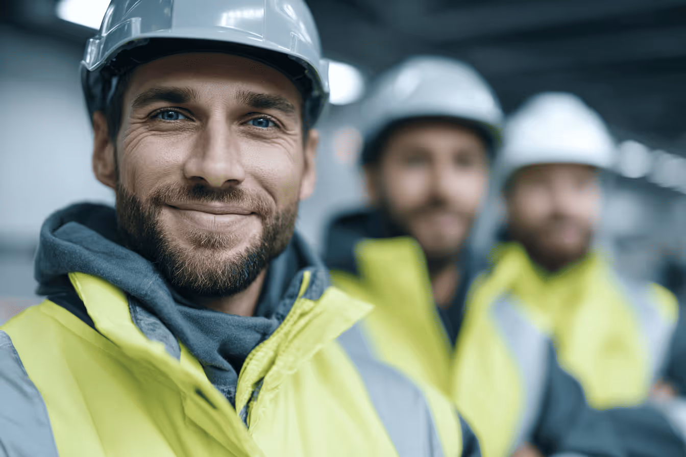 Smiling construction worker wearing a white hard hat and yellow safety vest with two blurred workers in similar attire in the background.